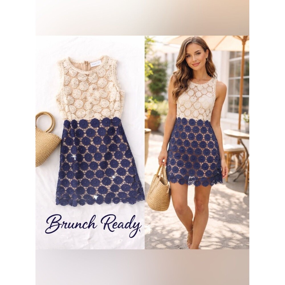 Coquette Girl Crochet Lace Dress Navy Cream Boutique Summer Brunch Date S  Chic